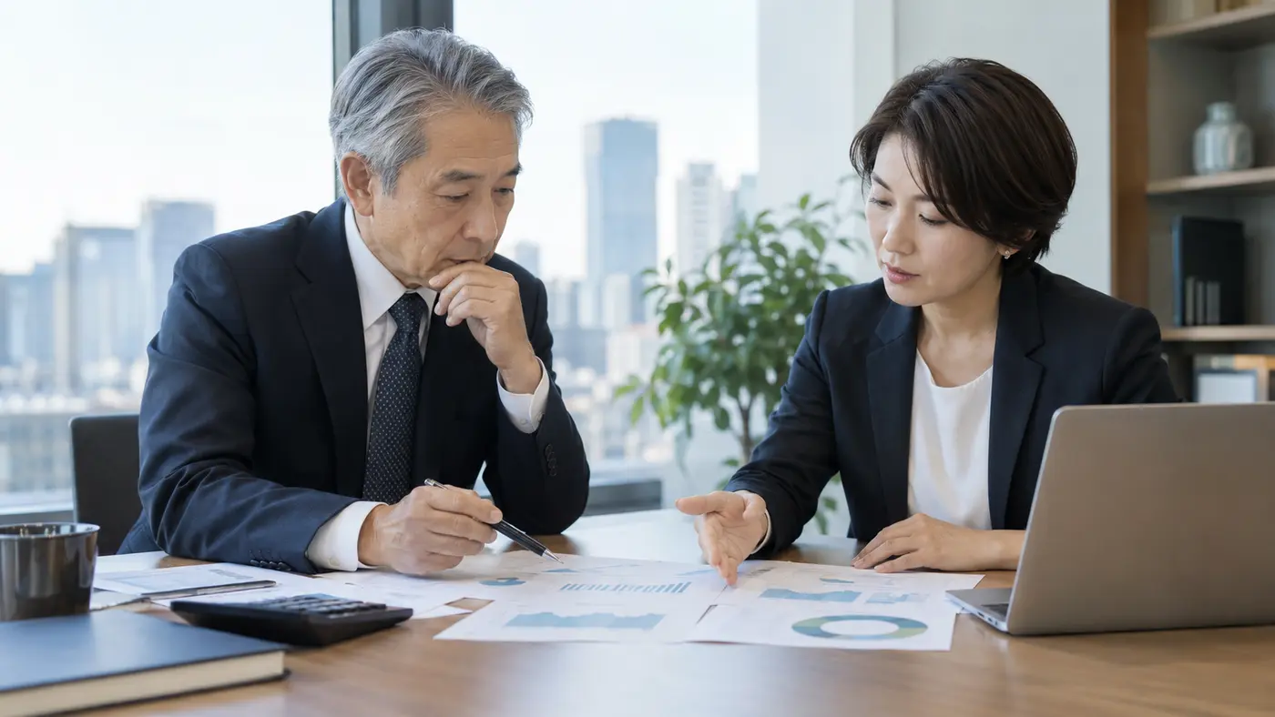 資金繰り表と経営資料を確認するオーナー社長とCFO
