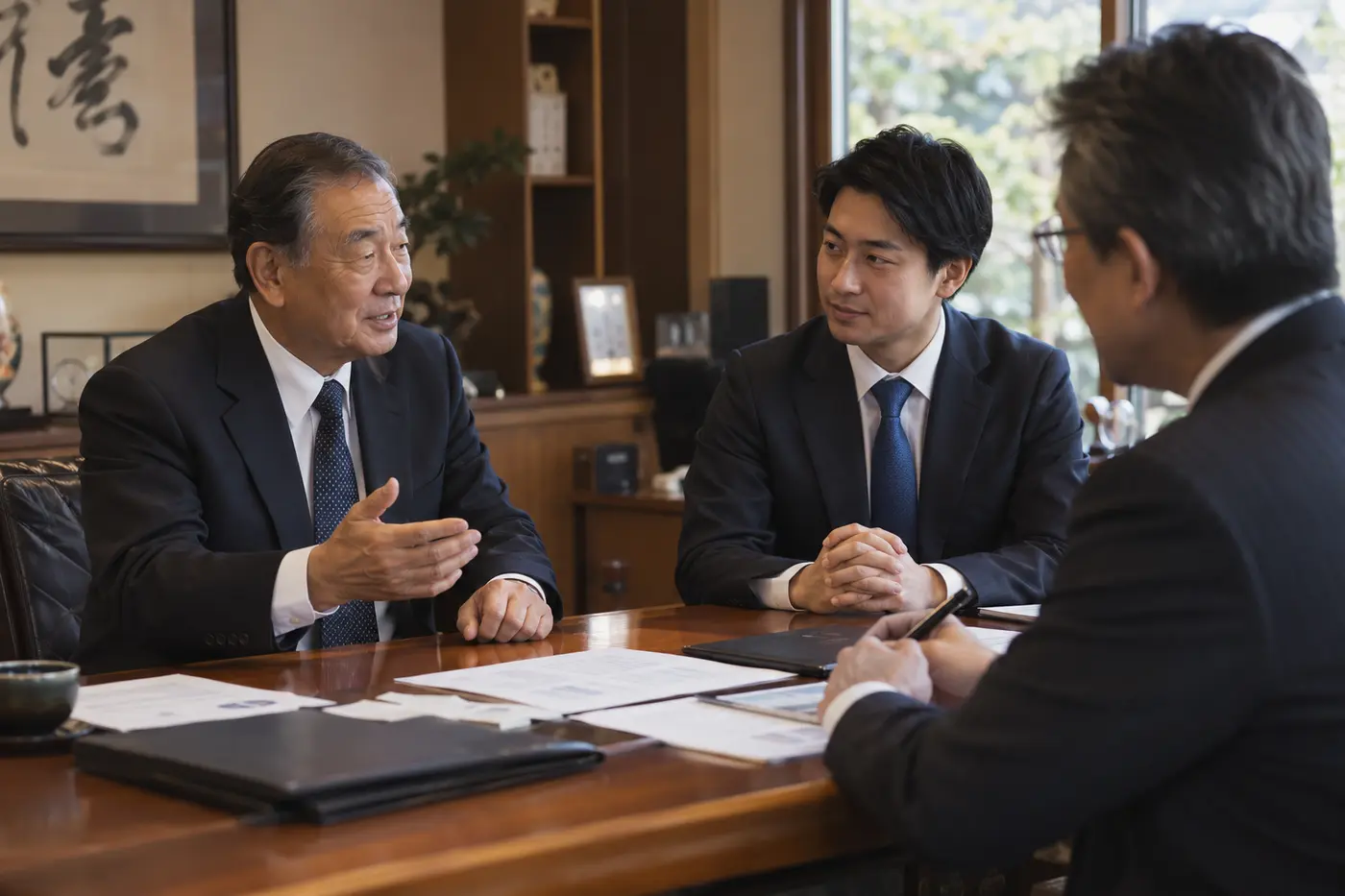 事業承継について話し合うオーナー社長と後継者