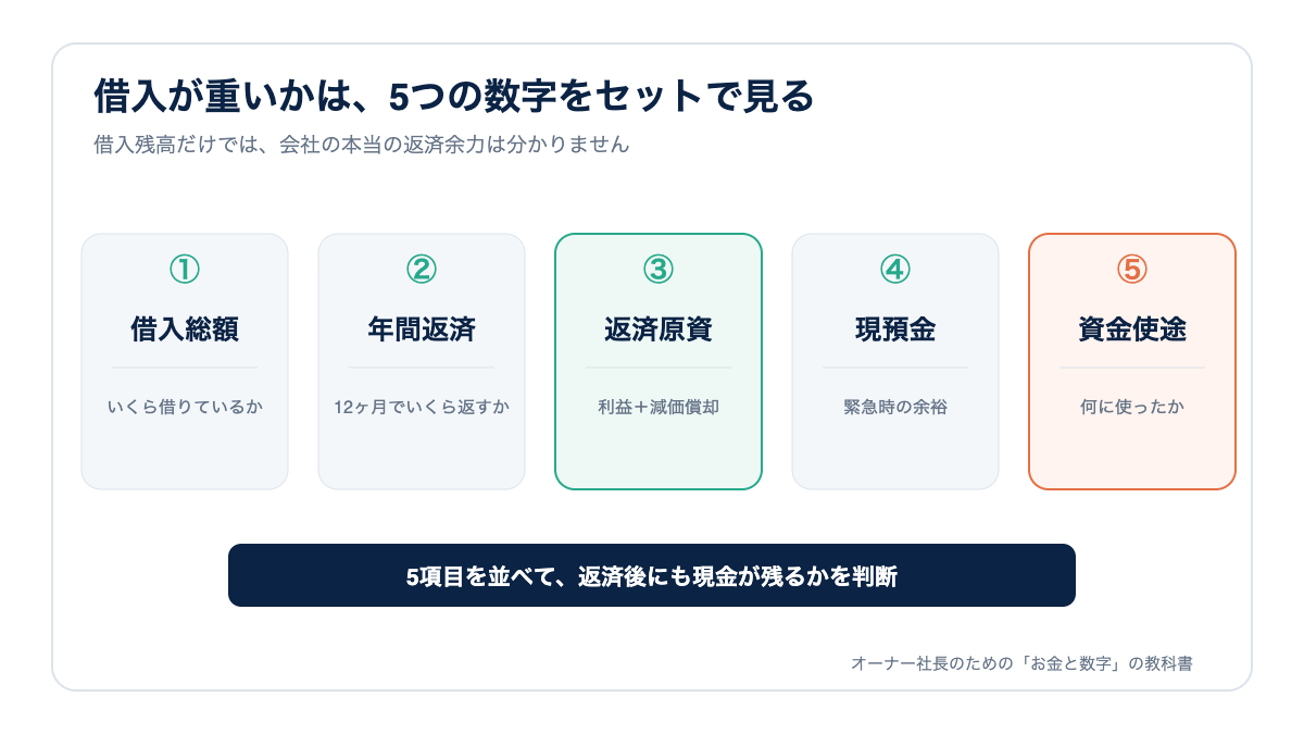 借入総額・年間返済・返済原資・現預金・資金使途の5項目